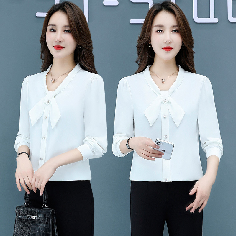 Spring 2023 New Scarf Collar Women's Chiffon Shirt Long-Sleeved Shirt Versatile Fashionable Multi-Color Black Shirt