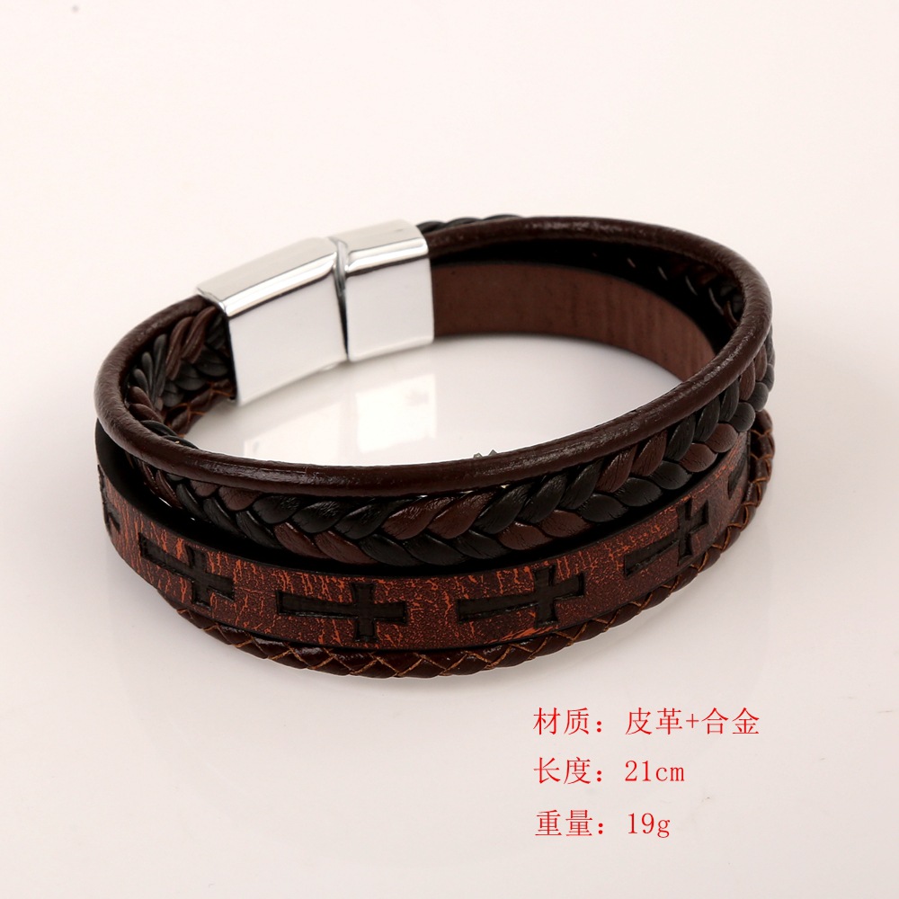 Cross-Border New Arrival European and American Fashion Men's Bracelet Leather Handmade Leather Woven Bracelet Men's Alloy Buckle Ornament Wholesale