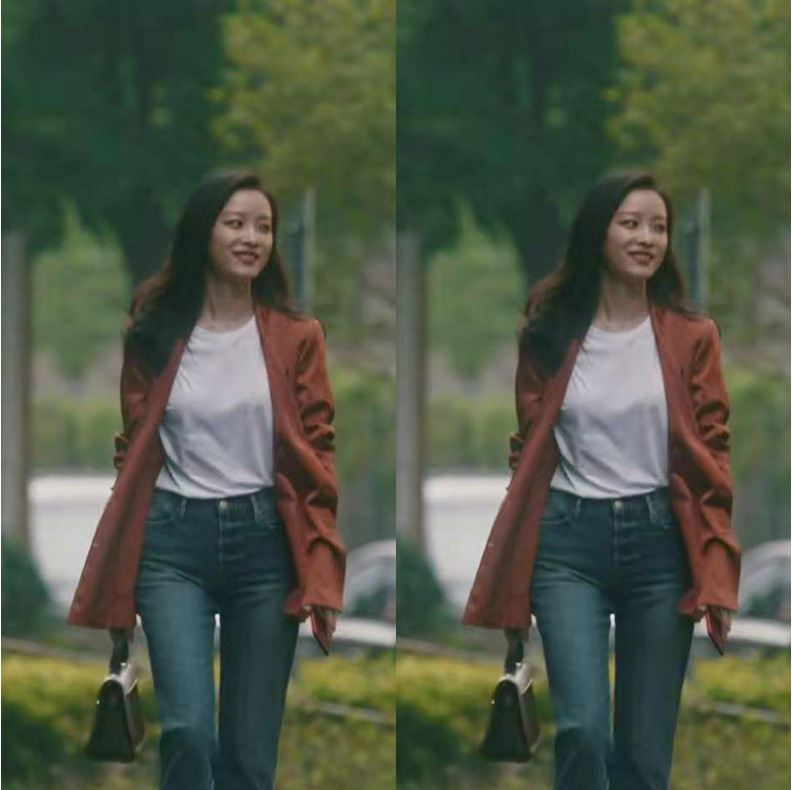 倪妮流金岁月同款气质ol通勤白领小西装外套 高腰直筒蓝色牛仔裤