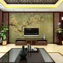 新中式电视背景墙壁纸金色梅花花鸟客厅中国风墙纸壁画影视墙墙布