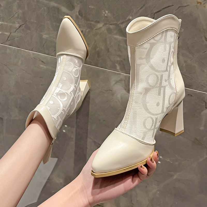 2022夏季新款米色短靴透气镂空靴网靴网纱凉靴高帮鞋女士高跟鞋