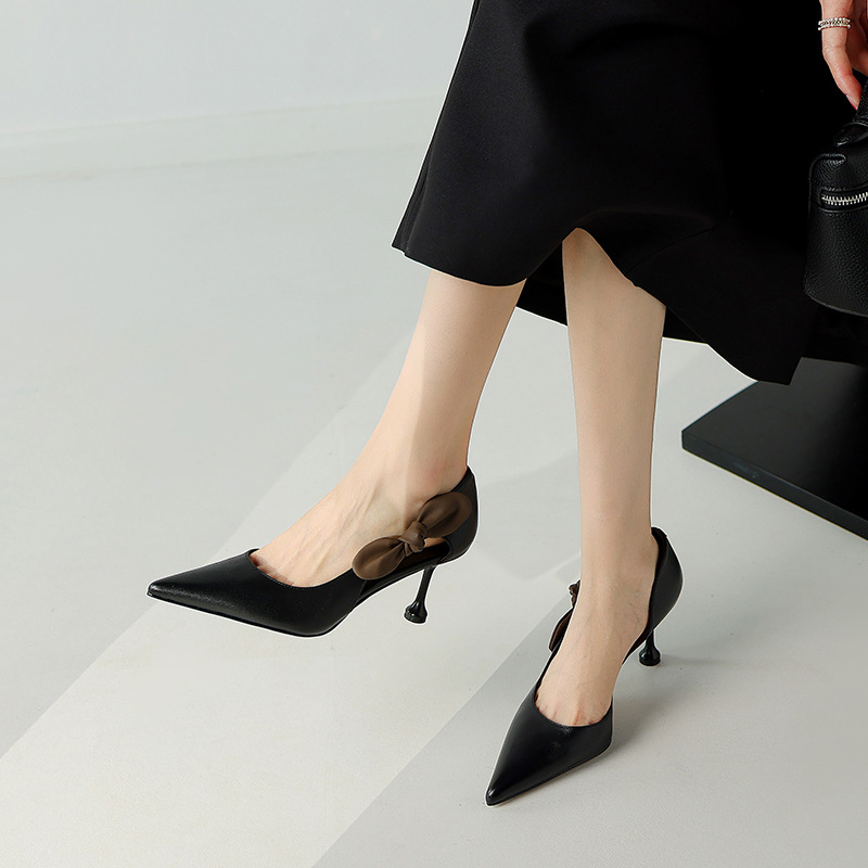 性感小姐姐女鞋夏季新款鞋子尖头细跟高跟鞋侧空蝴蝶结正装凉单鞋-阿