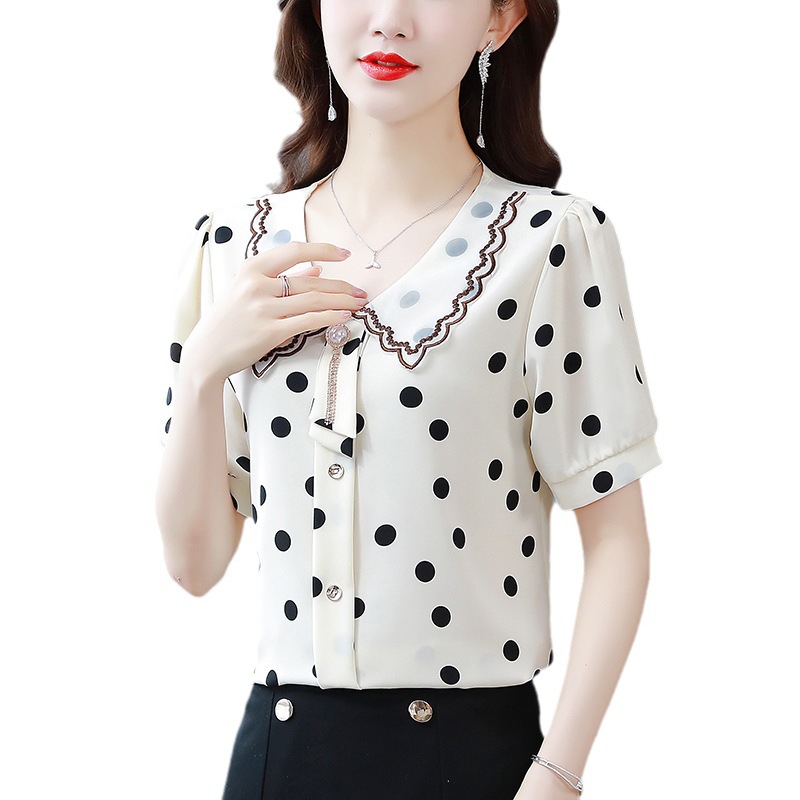 2023 Summer New Fashion Korean Style Mom Graceful and Fashionable Doll Collar Polka Dot Shirt Women's Short Sleeve Chiffon Shirt