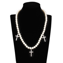 欧美个性镶钻珍珠十字架项链 高级感时尚个性嘻哈吊坠设计感配饰