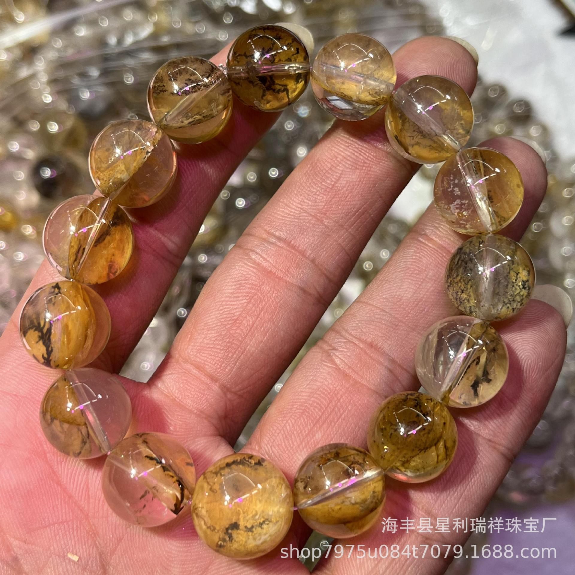 天然小树胶花水晶佛珠单圈手链晶体花瓣树叶通透鲜艳圆珠晶石手串