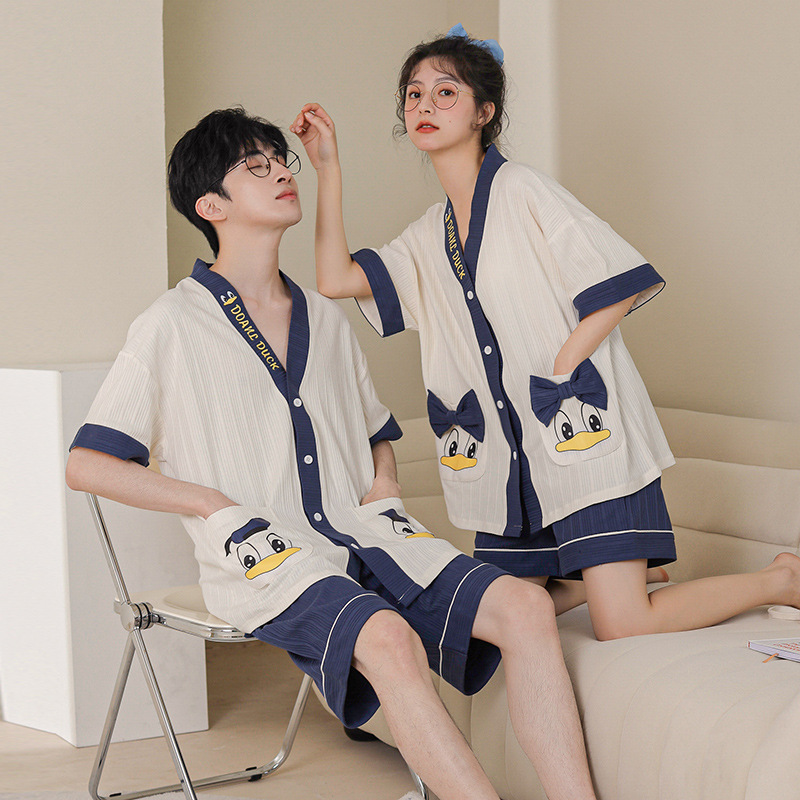 2023 New Short-Sleeved Couple Pajamas Women's Summer Cotton Homewear Cute Cartoon Cardigan Men's plus Size Suit