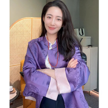 新中式国风紫色提花短外套女春装老钱风改良唐装盘扣真丝开衫上衣