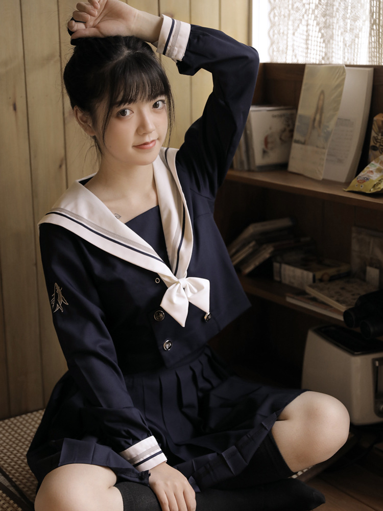 正统蓝鲸刺绣jk制服裙学院风套装软妹百褶裙秋冬季女高中学生装