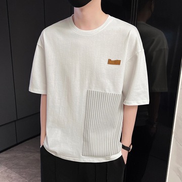 2024新款夏季男潮流宽松服潮牌学生短袖t恤上衣圆领五分袖条纹半