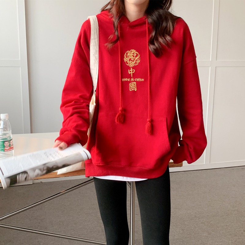 中国风红色连帽卫衣女加绒秋冬新款宽松国潮加厚新年外套上衣男女