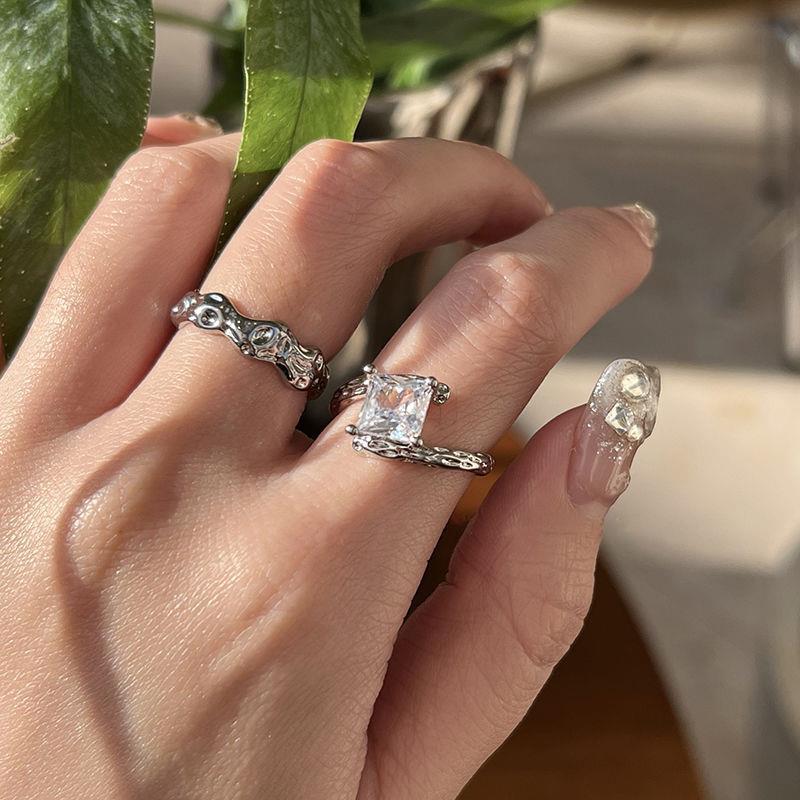 小红书同款纯银交错锆石戒指冷淡风ins熔岩纹理异形小众开口指环