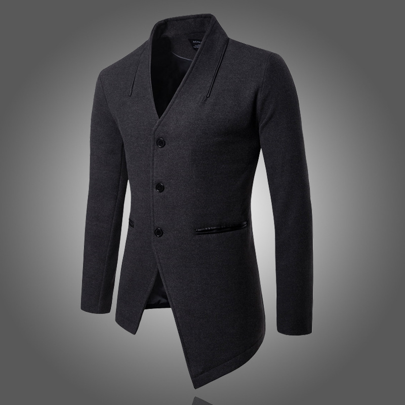 秋冬新款休闲西装男士潮流不规则呢大衣帅气风衣外套毛呢小西服