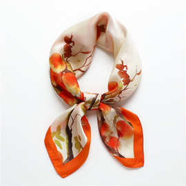 橘黄色丝巾水果图案爱马橙围巾仿真丝方巾70cm领巾职业装饰围脖女