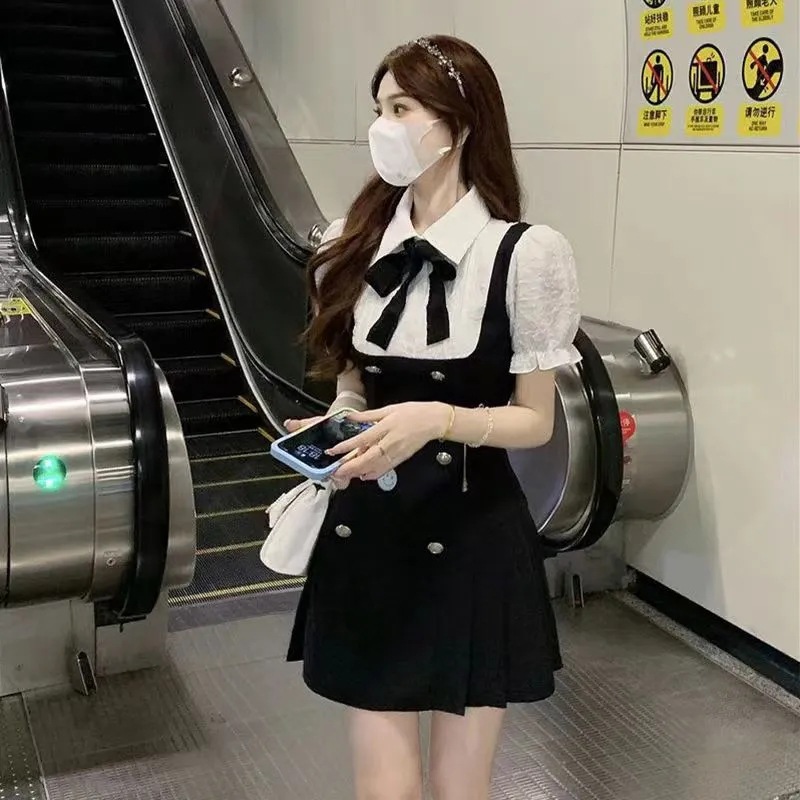 韩版学院风假两件连衣裙夏季设计感小众收腰显瘦矮个子