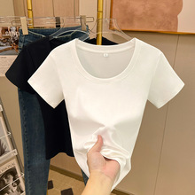韩系正肩软糯低领短袖T恤女夏季冰丝针织衫修身体恤螺纹短款上衣