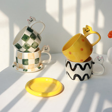 创意原创手作陶瓷可爱手柄手绘咖啡杯家用儿童水杯点心碟子礼物