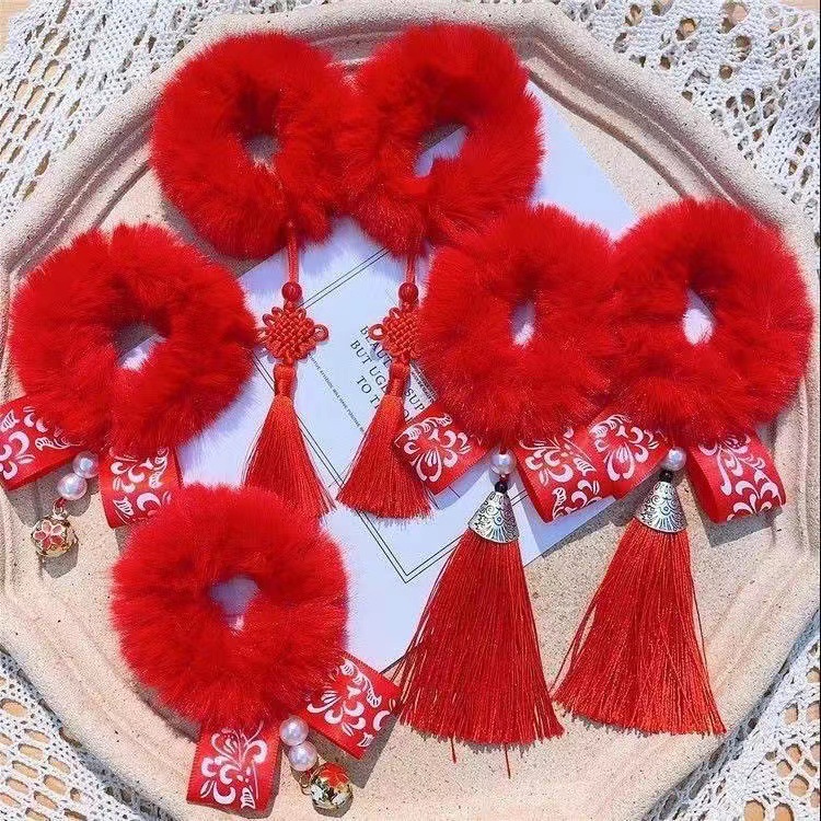 2022 new year red chinese style imitation rabbit fur hair ring children‘s new year hanfu hair ball headdress factory wholesale