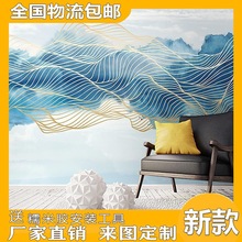 新中式水墨艺术山水画壁纸酒店书房客厅卧室背景墙布抽象线条墙纸