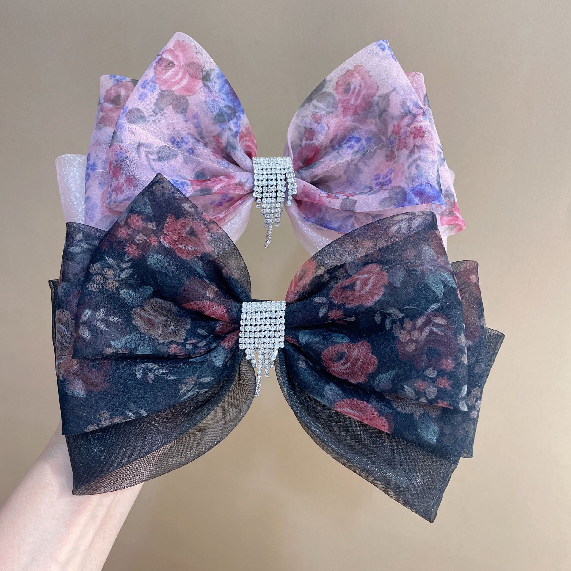 网红新款欧根纱碎花大蝴蝶结镶钻弹簧夹发夹气质女顶夹精品店发饰