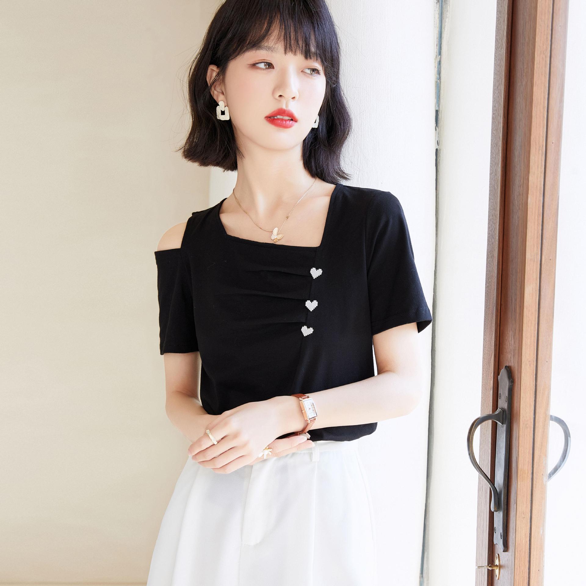 2022夏季新款小众设计感短袖t恤女单侧露肩锁骨别致黑色上衣