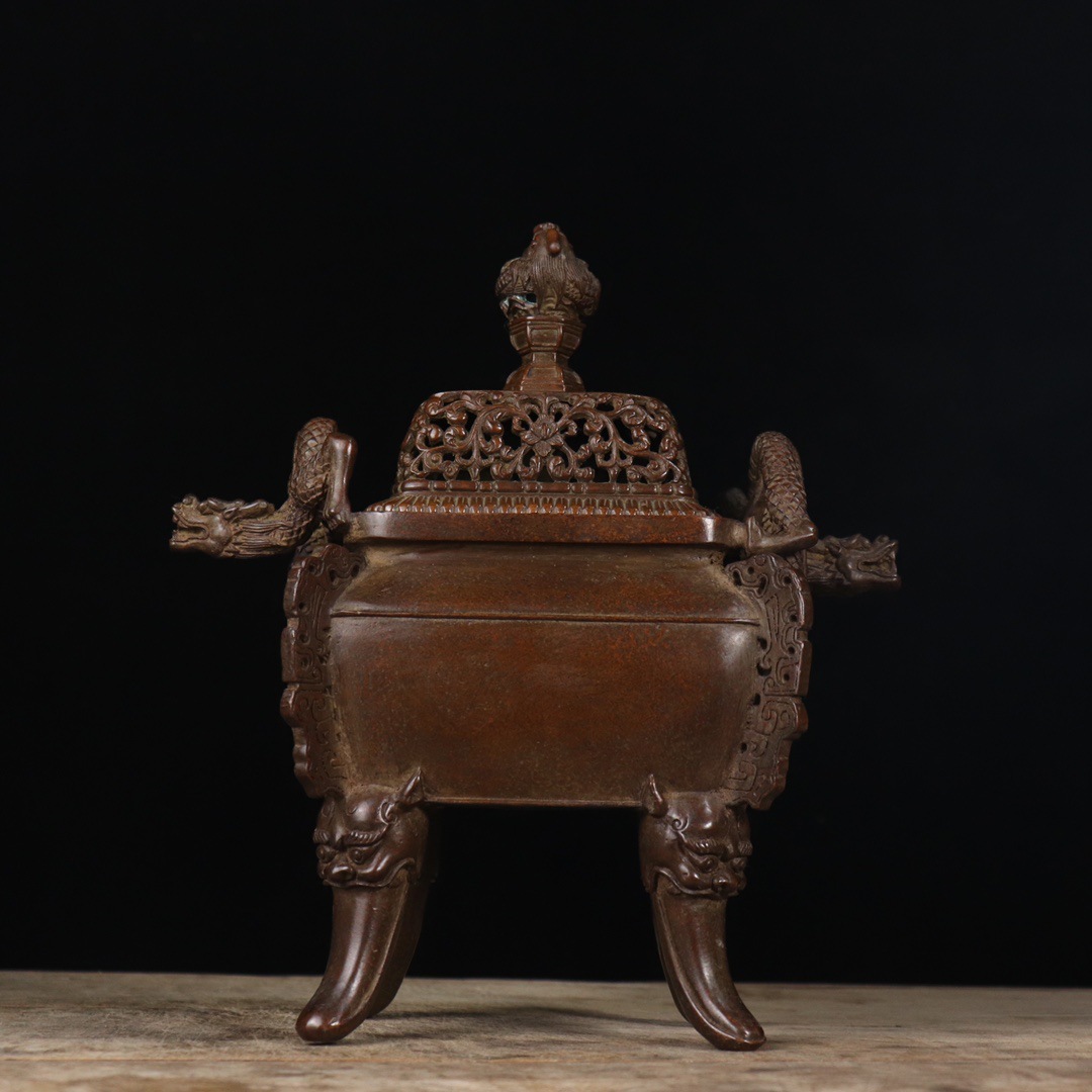 批发香炉摆件紫铜色香炉大号龙耳龙钮四足方熏炉盘香炉檀香线香炉