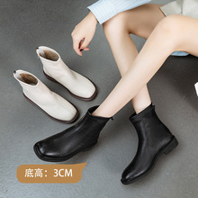 白色短靴女2022年秋冬新款马丁靴法式平底瘦瘦靴弹力方头切尔西靴