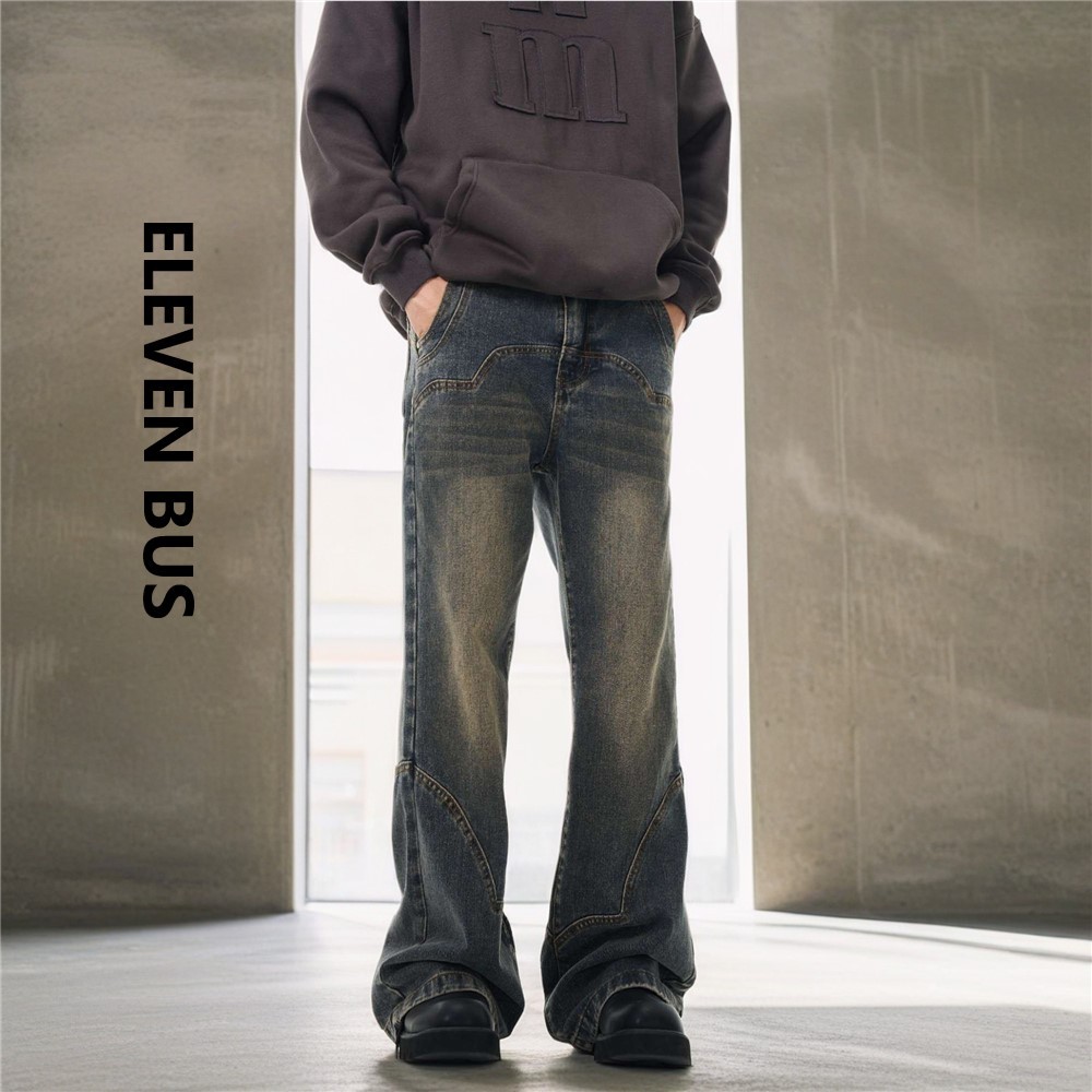 新款春秋季做旧微喇叭牛仔裤男士经典复古小众结构设计怀旧长裤子