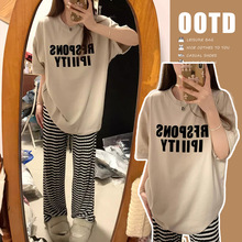 夏季韩版短袖T恤+条纹阔腿裤