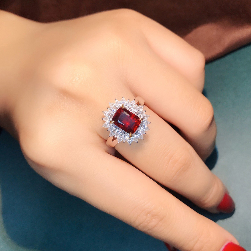 网红直播热卖新品仿真红宝石公主方开口戒指女 满钻时尚指环饰品