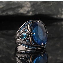 禾呈跨境蓝宝石男士戒指wish个性复古朋克欧美镶钻指环