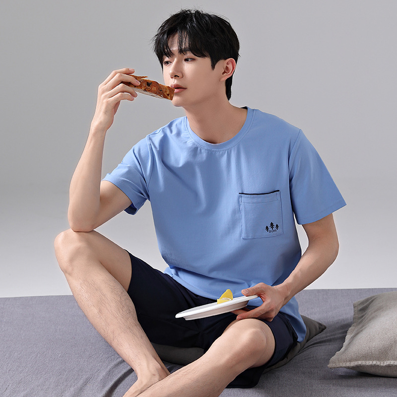 Men's Pajamas Spring and Summer New Pure Cotton Thin round Neck Short Sleeve Shorts Suit Youth Loose Casual Home Wear