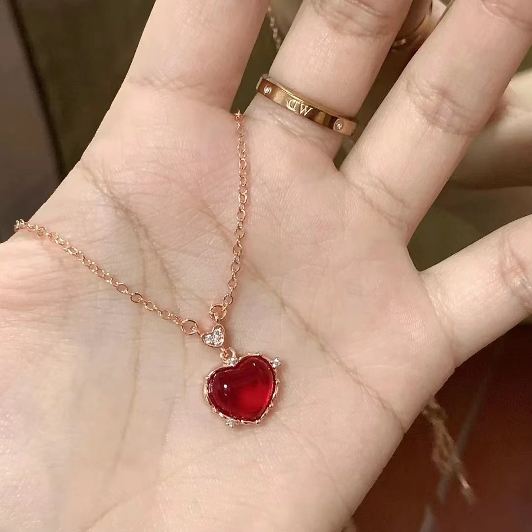 925银爱心红玛瑙项链轻奢小众红色桃心2023年新款女高级感送女友
