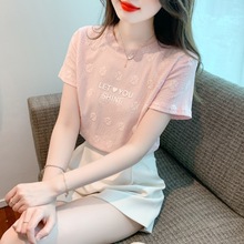 粉色短袖t恤女装2023夏季韩版简约百搭字母印花设计洋气减龄小衫