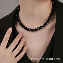 琛墨个性新中式大颗黑玛瑙项链女韩国圆形暗黑甜酷几何串珠锁骨链
