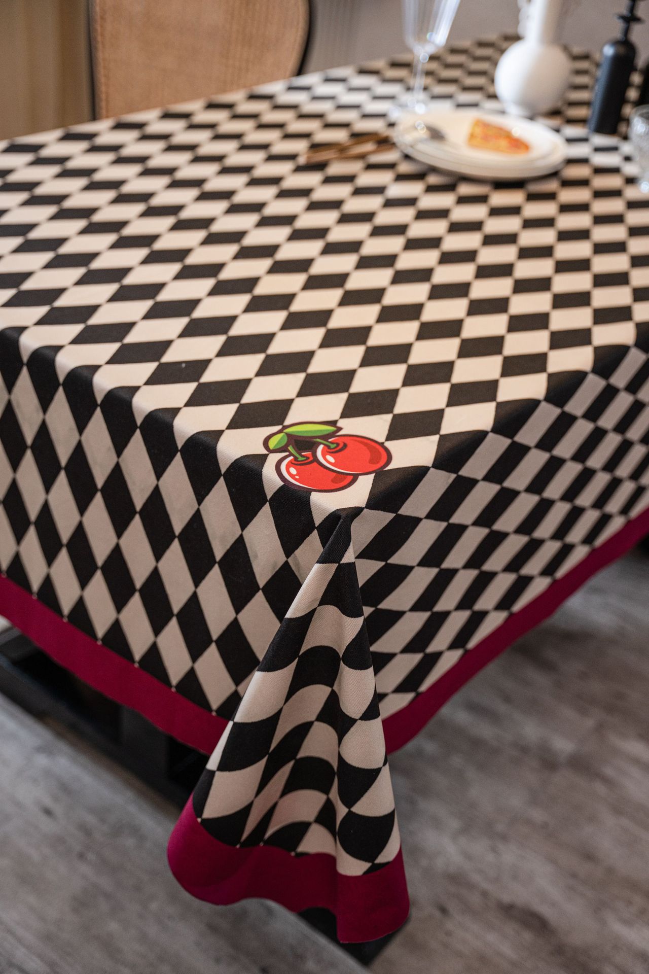 天鹅绒棋盘格桌布绒面餐桌布长方形小樱桃数码印花茶几布工厂直供采购