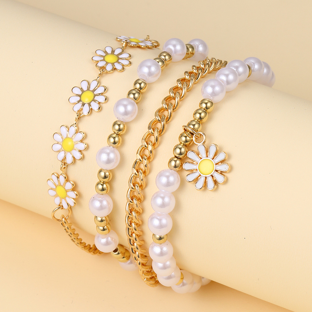 跨境新款小金珠珍珠手链套装4件套创意波西米亚沙滩小雏菊手链女