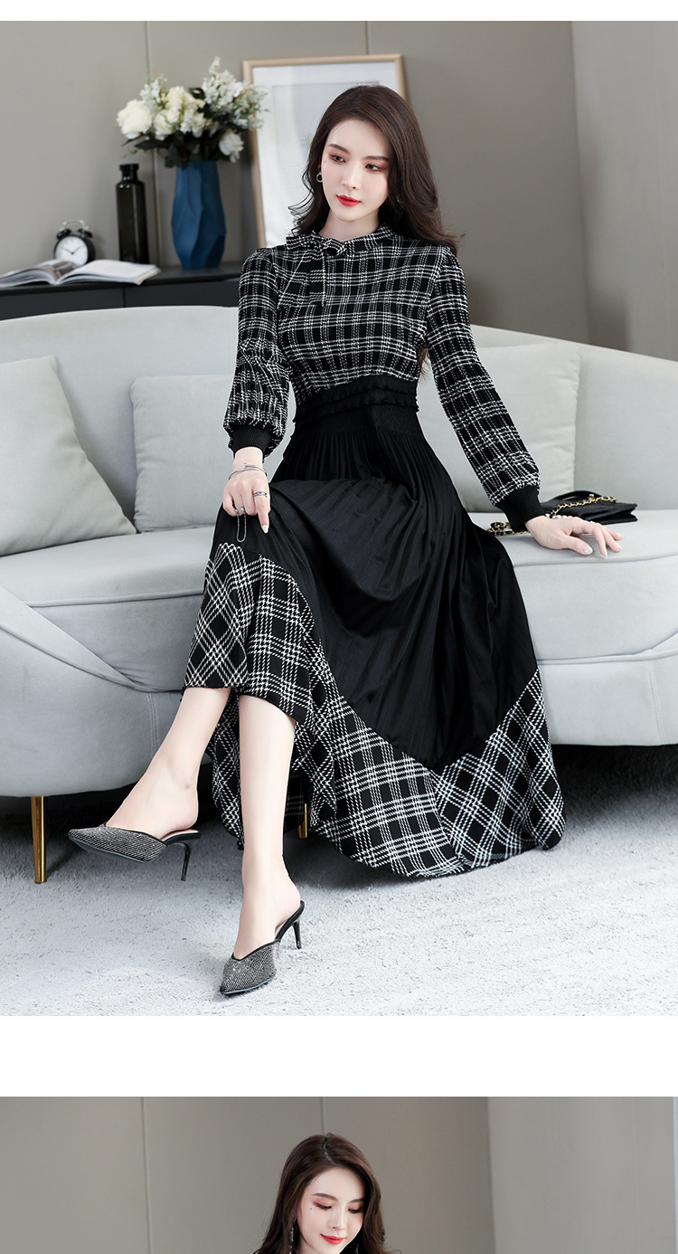 三宅褶皱连衣裙女中年束腰长袖个性格子领结褶皱裙子2021秋季新款