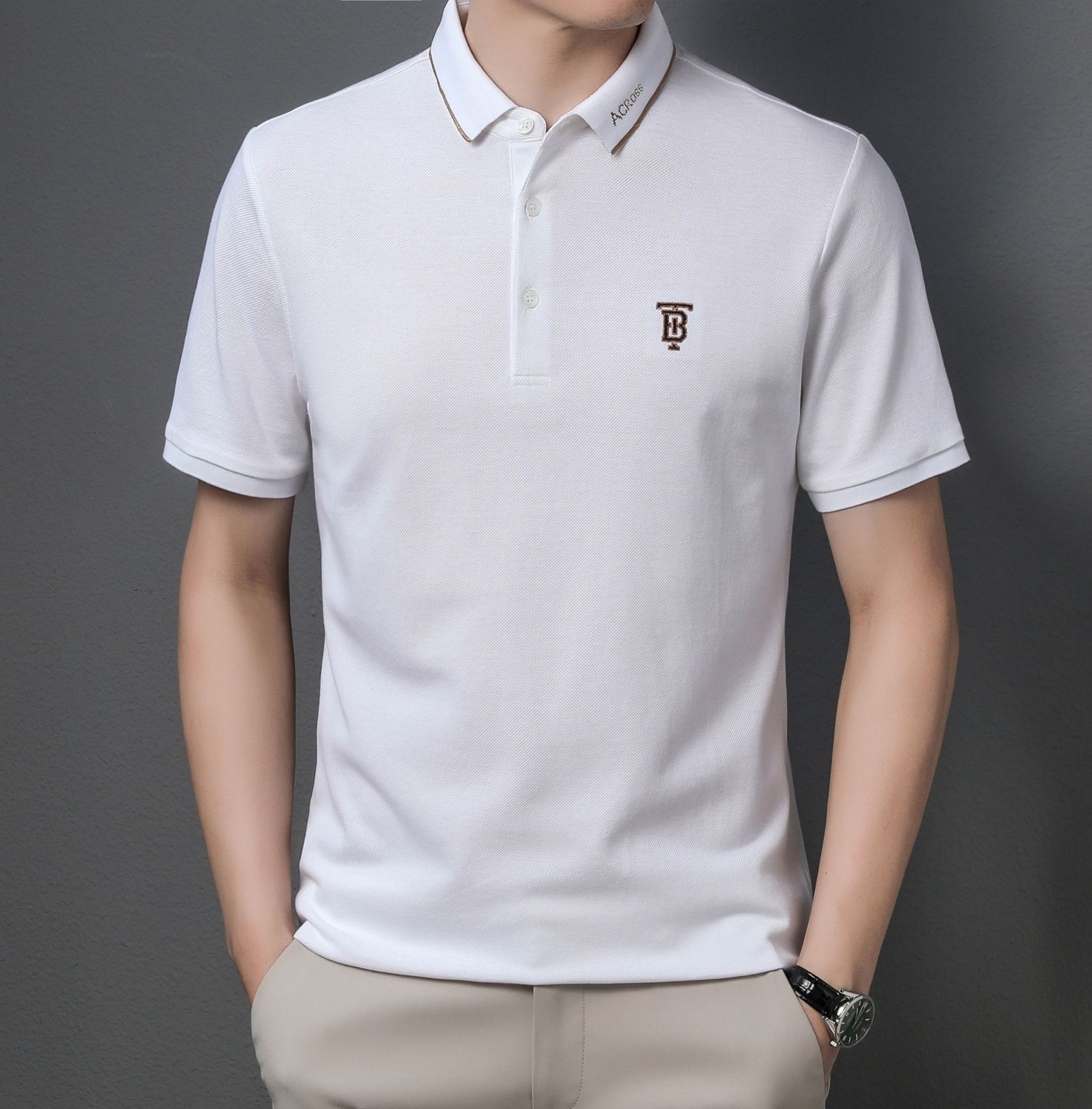 三岛2022夏装短袖polo衫男装纯色刺绣聚酯纤维合体型时尚都市男装