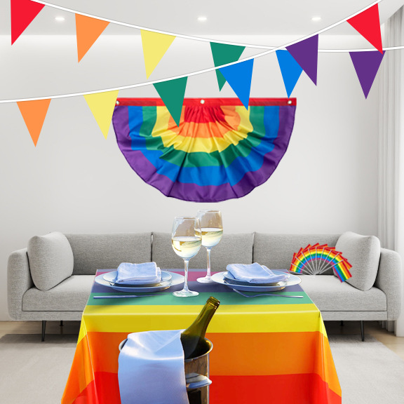 Rainbow Fan Flag Suit Outdoor Birthday Party Layout Product Rainbow Hand Signal Flag String Flags Disposable Tablecloth