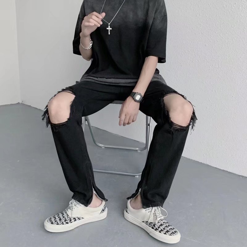 美式高街黑色破洞牛仔裤男款薄款裤潮牌复古宽松直筒裤子男生新款