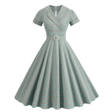 1950欧美复古赫本风英伦格西装领系带短袖高腰气质大摆中长连衣裙