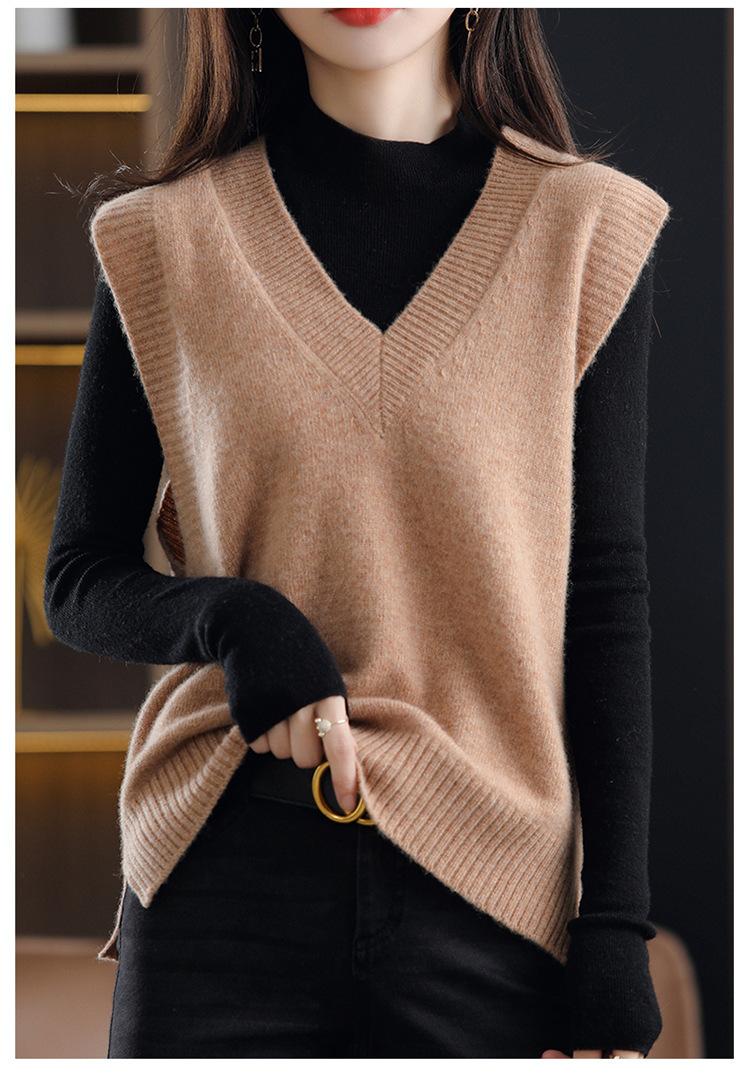 100%纯羊毛衫女v领针织马甲背心女外穿春季宽松无袖羊绒毛衣坎肩