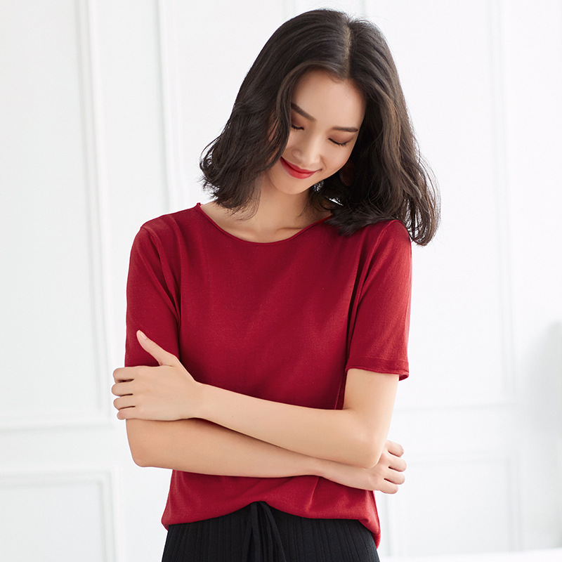 女士卷边低圆领短袖衫套头衫薄款针织衫打底衫正肩半袖体恤上衣