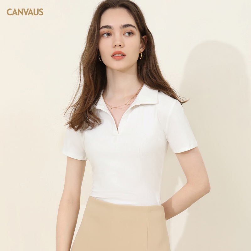 CANVAUS欧美风短袖t恤女甜美辣妹Polo领修身收腰短款上衣Polo衫夏