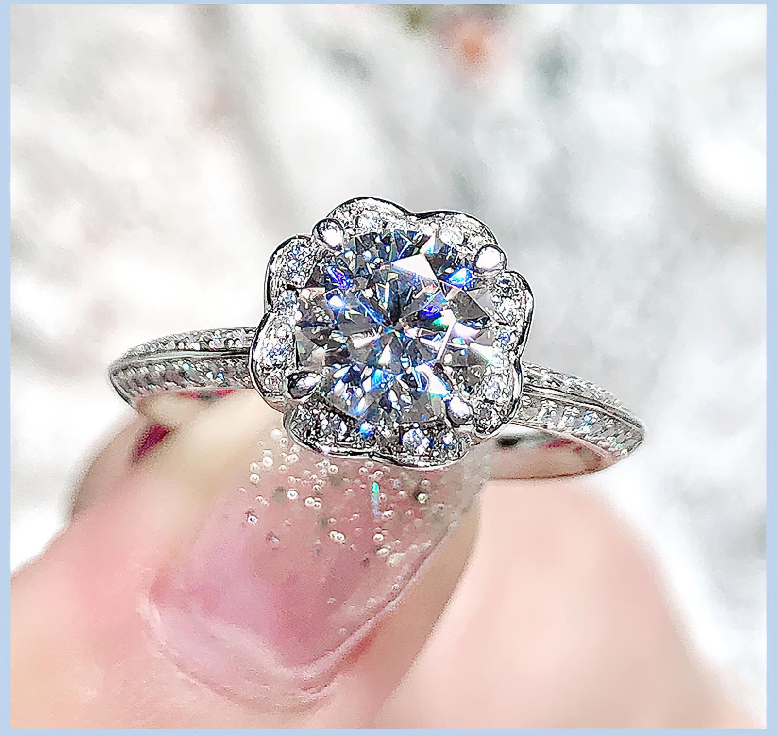 现货直播款时尚ol活口微镶925银戒托六爪1克拉莫桑钻戒指一件代发