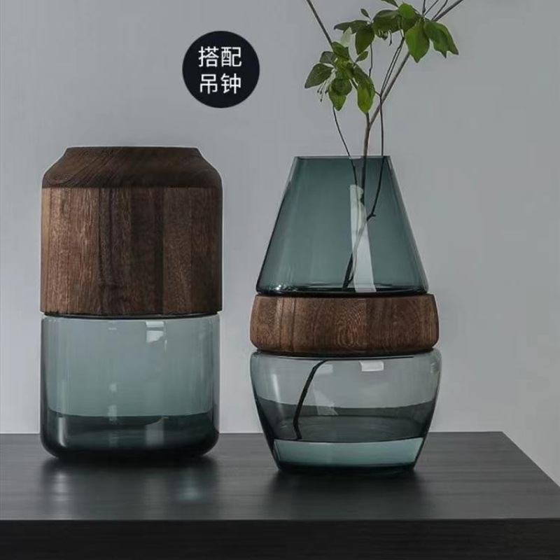 Simple Modern Handmade Wooden Decoration Glass Flower Bottle Flower Drunk Wood Hanging Bell Dried Flower Flowers Creative Vase Decoration