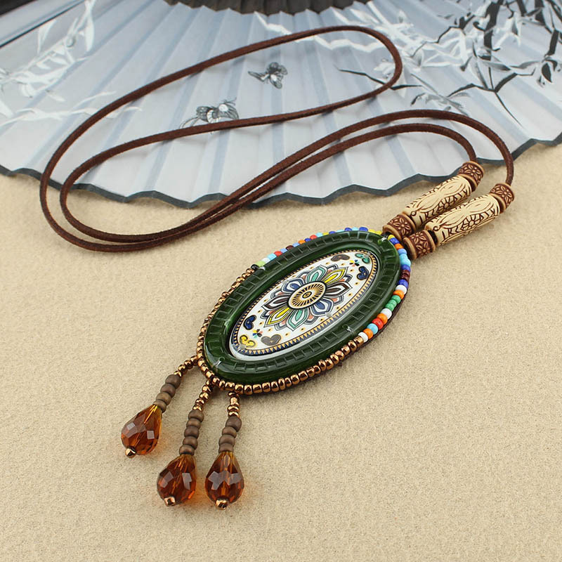 Retro Ethnic Style Necklace Long Bohemian Sweater Chain Men and Women All-Matching Pendant Tassel Pendant Cotton and Linen Accessories