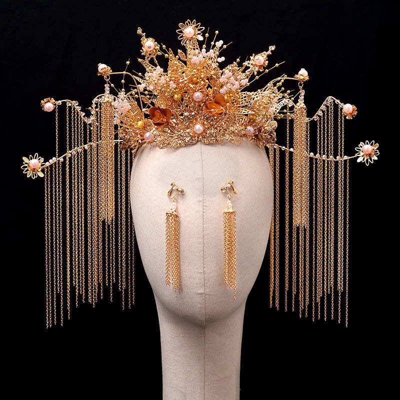 秀禾服批发新娘秀禾头饰新款女中式红色流苏凤冠古装结婚发饰