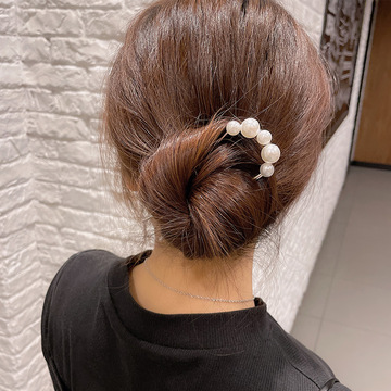 新款简约复古金属u形发簪女韩国ins气质珍珠丸子头盘发钗头饰