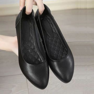 真软皮工作鞋女黑色职业面试上班鞋正装平跟通勤防滑皮鞋女单鞋子